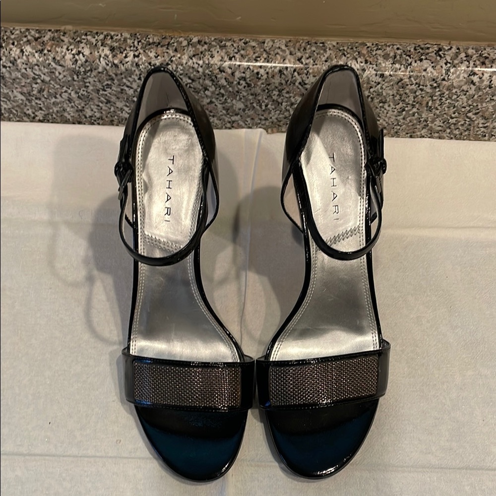 Tahari Black Heels with Ankle Strap and Patent Leather